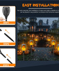 8 Pack Ultra Bright Solar Torch Lights With Flickering Flame installed along a garden pathway with easy step-by-step setup visual guide.