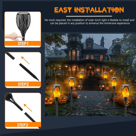 8 Pack Ultra Bright Solar Torch Lights With Flickering Flame installed along a garden pathway with easy step-by-step setup visual guide.
