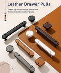 Two Pack Hand Stitch Brown Leather Cabinet Pulls 5 Inch Drawer Handles with metal core on a brown leather sheet