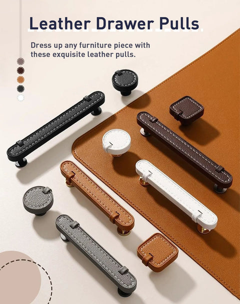 Two Pack Hand Stitch Brown Leather Cabinet Pulls 5 Inch Drawer Handles with metal core on a brown leather sheet