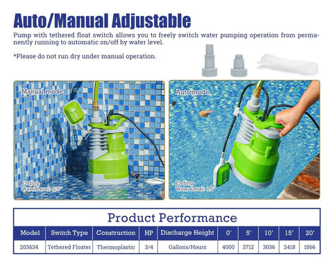 Submersible Sump Pump 3/4 HP Heavy Duty High Flow 4000 GPH With Adjustable Float Switch Manual Automatic in pool setup