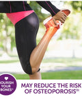 Person stretching leg with highlighted bone structure promoting Minis 600 Plus D3 Calcium And Mineral Supplement Tablets