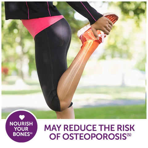 Person stretching leg with highlighted bone structure promoting Minis 600 Plus D3 Calcium And Mineral Supplement Tablets