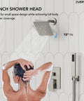 EVERSTEIN 6" Wall Mount Shower System with Handheld Spray, Brushed Nickel, featuring an ultra-thin 6-inch shower head in use.