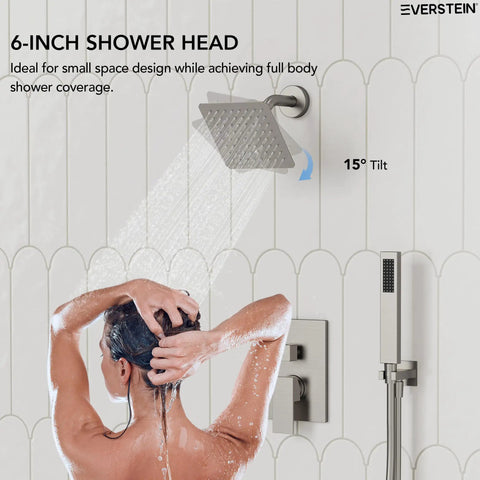 EVERSTEIN 6" Wall Mount Shower System with Handheld Spray, Brushed Nickel, featuring an ultra-thin 6-inch shower head in use.