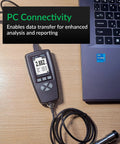 Rugged Coating Thickness Meter for Steel and Aluminum Structures, 0-3000µm Range, 0.001 Mil Resolution, External Probe, Fe/NFe Auto Detection, USB Data Export, Built for Inspectors, Contractors, and QC Pros On the Jobsite connected to a laptop