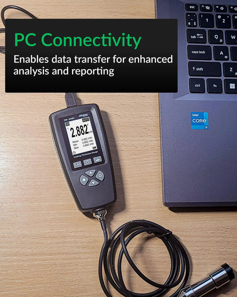 Rugged Coating Thickness Meter for Steel and Aluminum Structures, 0-3000µm Range, 0.001 Mil Resolution, External Probe, Fe/NFe Auto Detection, USB Data Export, Built for Inspectors, Contractors, and QC Pros On the Jobsite connected to a laptop
