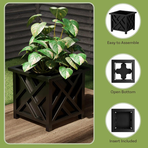 Lattice Design Outdoor Planter Box Dope Front Porch Decor 14.75 Inch Square Black Plant Pot 13 Inch Tall For Patio Garden DIY Friendly Flower Pots And Outdoor Planters