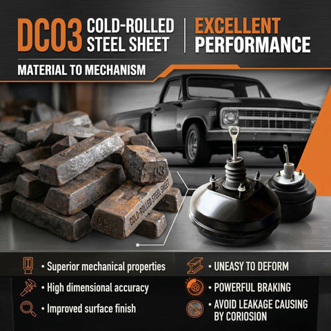 DC03 cold-rolled steel sheet and vacuum brake booster for enhanced braking performance, showing high precision and durability.