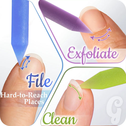 Glass Cuticle Pusher Manicure Stick with slanted and pointed ends for filing, exfoliating, and cleaning under nails.