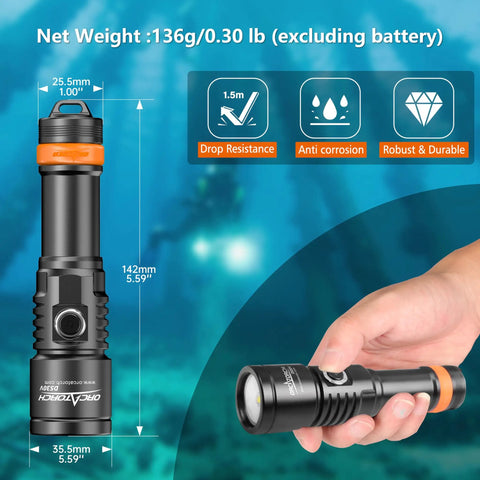 Image of Lit Underwater Video Light 1200 Lumens 6500K With 120 Degree Wide Beam, shown held in hand, with dimensions and waterproof icons.