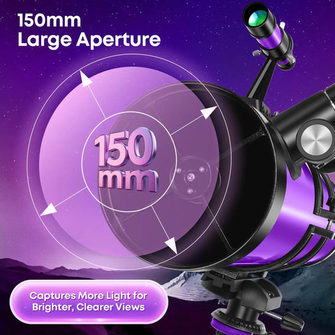 150mm Aperture Newtonian Reflector Telescope for Adults and Beginners with large aperture view on purple design background