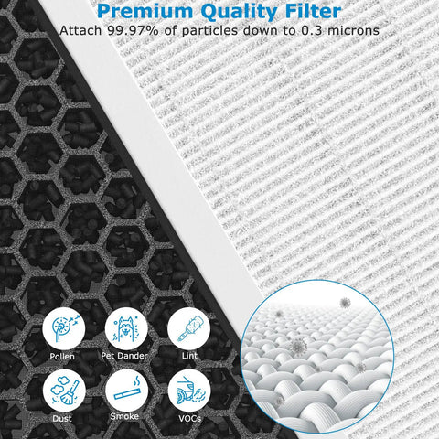 Close-up of Two Pack Vital 100 Replacement Filters with activated carbon and HEPA layers showing filtration details.