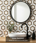 Bathroom with Peel And Stick Hexagon Backsplash Tiles In White And Gold With Marble Veins Self Adhesive PVC Mixed Metal Look No Grout No Mess Quick Easy Kitchen And Bathroom Backsplash Install 10 Sheets Per Box