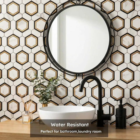 Bathroom with Peel And Stick Hexagon Backsplash Tiles In White And Gold With Marble Veins Self Adhesive PVC Mixed Metal Look No Grout No Mess Quick Easy Kitchen And Bathroom Backsplash Install 10 Sheets Per Box