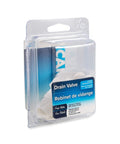Dual Size RV Drain Valve With 3/8 Or 1/2 Inch Male NPT, Durable Plastic, packaged view