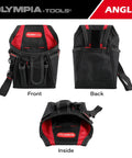 Front, back, and inside views of black and red open top tote tool bag with steel handles and shoulder strap 18.5 inch 44 pockets.