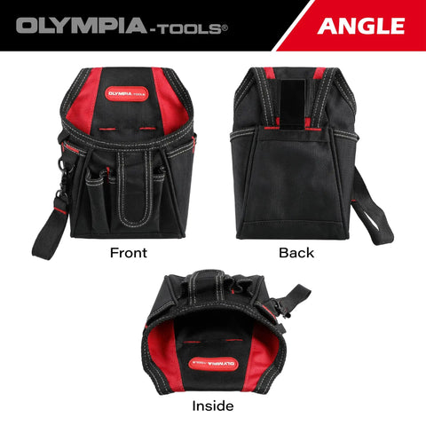 Front, back, and inside views of black and red open top tote tool bag with steel handles and shoulder strap 18.5 inch 44 pockets.