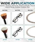 Powerful 45KHz Cleaner With 20oz Capacity showing before and after of cleaned makeup brush, glasses, and chain bracelet