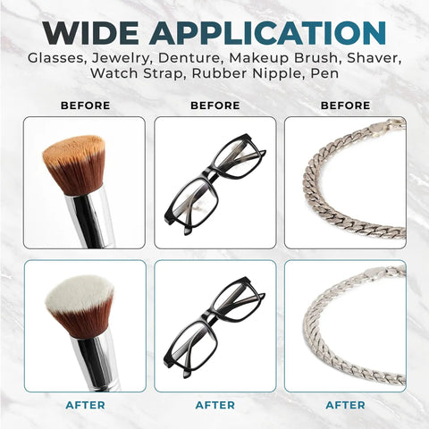 Powerful 45KHz Cleaner With 20oz Capacity showing before and after of cleaned makeup brush, glasses, and chain bracelet