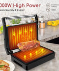 Aigostar 1000w Panini Press Sandwich Maker Non Stick Plates Quick Heat Even Cooking Crispy Grilling Appliance For Home Kitchen Party with steak.