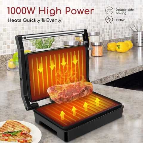 Aigostar 1000w Panini Press Sandwich Maker Non Stick Plates Quick Heat Even Cooking Crispy Grilling Appliance For Home Kitchen Party with steak.
