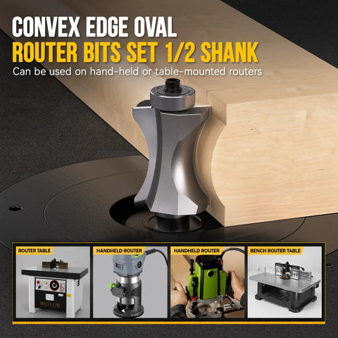 Premium Three Piece Convex Edge Oval Router Bit Set With One Half Inch Shank shown on router table for woodworking.