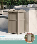 Hideaway Outdoor Trash Can With Lid 30 Gallon Weather Resistant Resin Bin With A Wicker Style Look For Patio And Yard Keeps Pests And Odors Out Fits 30 To 33 Gallon Bags Made In USA, taupe bin blending with outdoor decor