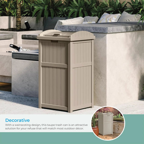 Hideaway Outdoor Trash Can With Lid 30 Gallon Weather Resistant Resin Bin With A Wicker Style Look For Patio And Yard Keeps Pests And Odors Out Fits 30 To 33 Gallon Bags Made In USA, taupe bin blending with outdoor decor