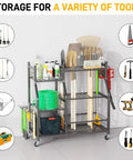Heavy Duty Garden Tool Organizer With Lockable Wheels, Yard Tool Storage Rack featuring rakes, shovels, and gardening tools.