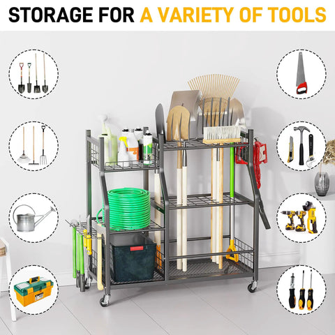 Heavy Duty Garden Tool Organizer With Lockable Wheels, Yard Tool Storage Rack featuring rakes, shovels, and gardening tools.