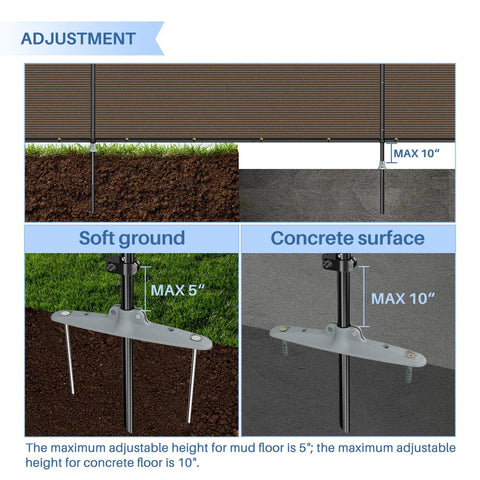 Adjustment options for 6x24 Foot Outdoor Privacy Fence Panel Kit Freestanding Backyard Privacy Screen, with soft and concrete surfaces.