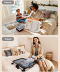Rechargeable Air Pump Vacuum Bags For Travel Pack Kit Portable Space Saving Compression Bags For Clothes 18 Piece Set with family at home and woman packing in hotel.