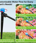 Easy Install 1 Quarter Inch Drip Emitter Kit With Adjustable Flow And 360 Degree Fan Sprayer demonstrating various spray modes