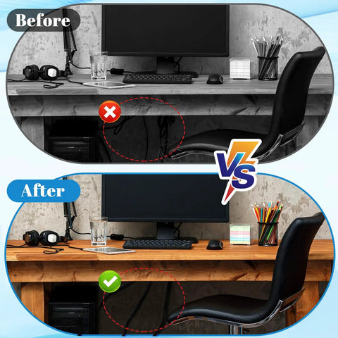 Before and after desk setup using Expandable PET Braided Wire Loom Sleeve 300 Feet In One Quarter Inch One Half Inch And Three Eighths Inch Diameters Black Dope Cable Protector For TV Computer And Home Theater Durable Cable Management And Organization