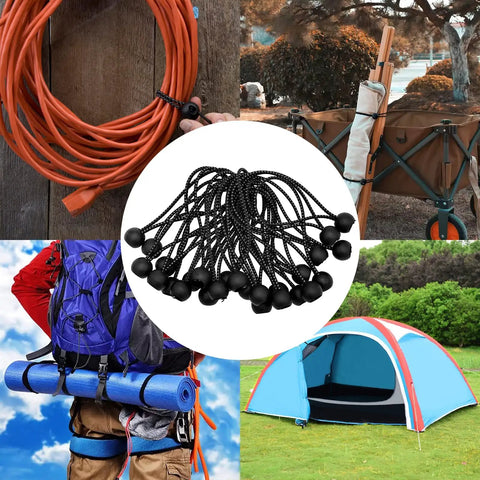 Collage featuring 50 Pack 6 Inch Bungee Cords With Balls For Camping Tents Tarps Canopies And Outdoor Gear Elastic String Ties