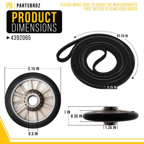 Must Have Dryer Repair Kit 4392065 For Whirlpool DIY Fix with belt and roller dimensions shown