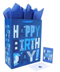 Ultra Large Sixteen Point Five Inch Blue Gift Bags Set With Greeting Card And Tissue Paper For The Guys Birthday Parties