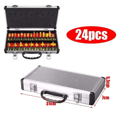 24 Piece 1/4 Inch Shank Router Bit Set Premium Carbide Cutters For Sharp Trimming Engraving Milling Dead Nuts Precise Shop Gear To Knock Out Wood Flooring And Shaker Paneling in metal case.