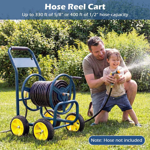 Must Have Heavy Duty Garden Hose Reel Cart With Four Solid Wheels Mobile Water Hose Cart That Holds Up To 330 Ft Of 5/8 Inch Hoses Durable Metal Frame Easy Maneuver For Lawn And Backyard Navy Blue with child and adult using hose in garden