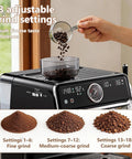 Dope Semi Automatic Espresso Machine With Built In Grinder And 20 Bar Pressure Pump, Rock Solid 18 Grind Settings Plus 2 In 1 Design showing adjustable grind settings and coffee beans.