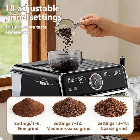 Dope Semi Automatic Espresso Machine With Built In Grinder And 20 Bar Pressure Pump, Rock Solid 18 Grind Settings Plus 2 In 1 Design showing adjustable grind settings and coffee beans.