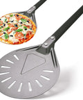 Turning Pizza Peel With 8 Inch Aluminum Round Paddle for Outdoor Ovens, showing perforated design for easy safe flips.