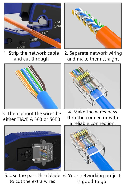 RJ45 Pass Through Crimp Tool For Cat5 Cat5e Cat6 Cat6a And Cat7 Shielded Mod Plugs 8P8C, step-by-step cable termination process