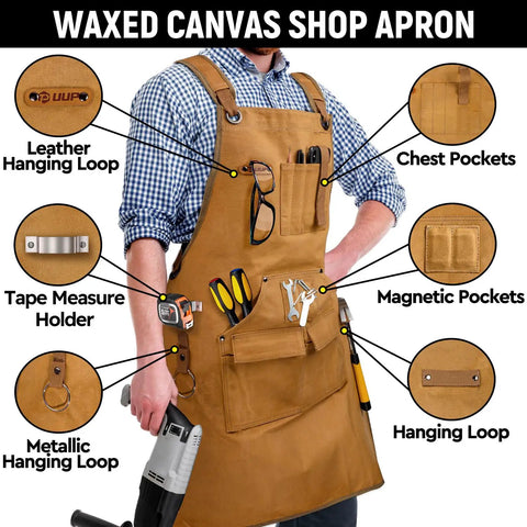 Man wearing Tough As Nails 20 Oz Waxed Canvas Woodworking Apron For Men With 9 Tool Pockets, water resistant, khaki color.