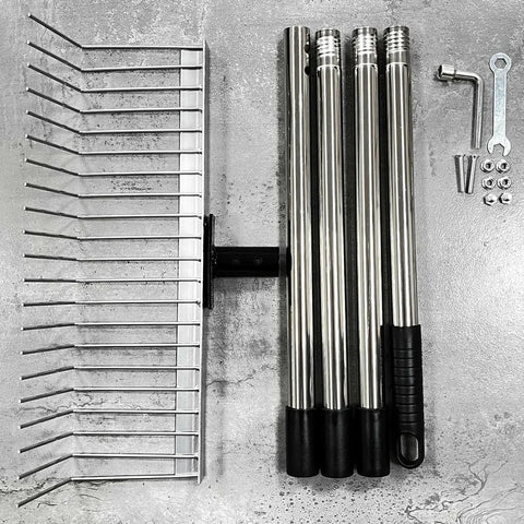 Workhorse Heavy Duty Lawn Rake With Telescoping Handle, 21 Tines Stainless Steel Head and assembly parts on concrete.