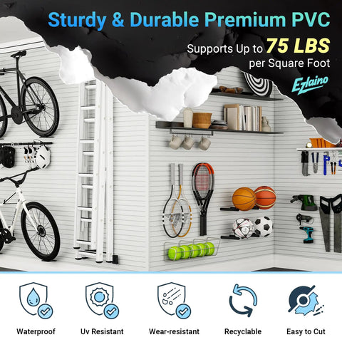 Dang Tough Four By Eight Slatwall Panel Kit With Quick Snap Lock PVC Garage Wall Organizer showing durable storage for bikes, sports equipment.