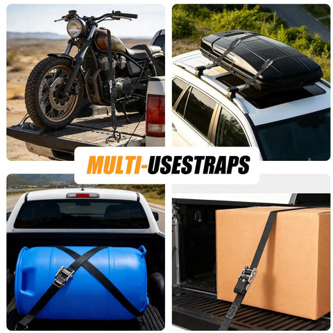 Heavy Duty Self Retracting Ratchet Straps 1500 Lbs Break Strength 1 X 15 Ft securing motorcycle, cargo box, and blue barrel in truck bed.