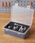 Heavy Duty Dual Function Pipe Threader Kit For Power Drill Cuts And Threads Half Through One Inch PVC Pipe With No Sweat Dead Easy Install Smooth Operation in a clear case.