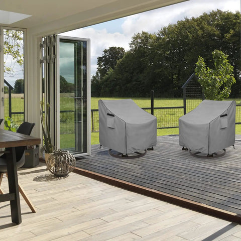 Outdoor Swivel Chair Covers 2 Pack, Waterproof Heavy Duty Patio Lounge Chair Covers, shown on chairs on a deck